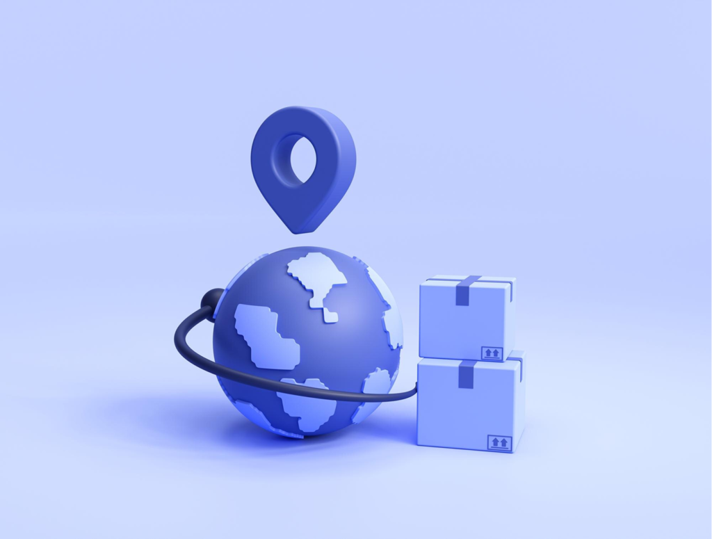 Worldwide delivery world globe with cardboard boxes and location pointer shopping online delivery ecommerce concept on blue background 3d illustration